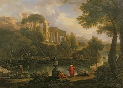 Paesaggio con figure vicino a una piscina con rovine sullo sfondo da Jan Frans van Bloemen
